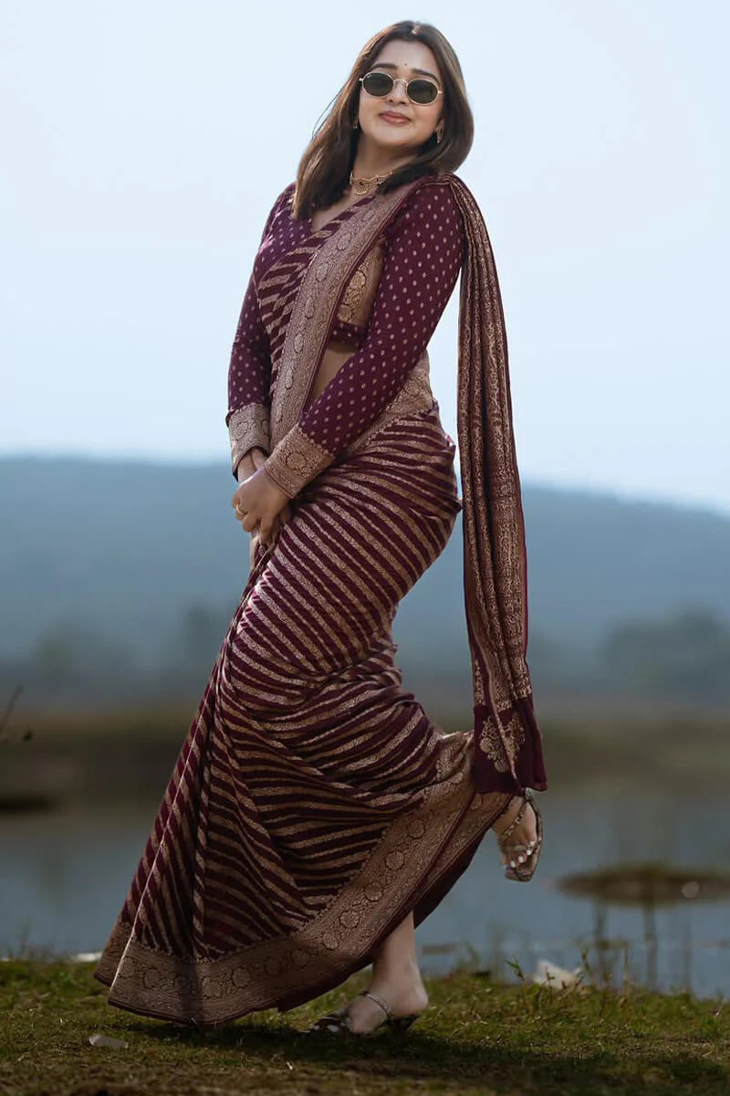 Exceptional Wine Soft Silk Saree With Cynosure Blouse Piece - Image 5
