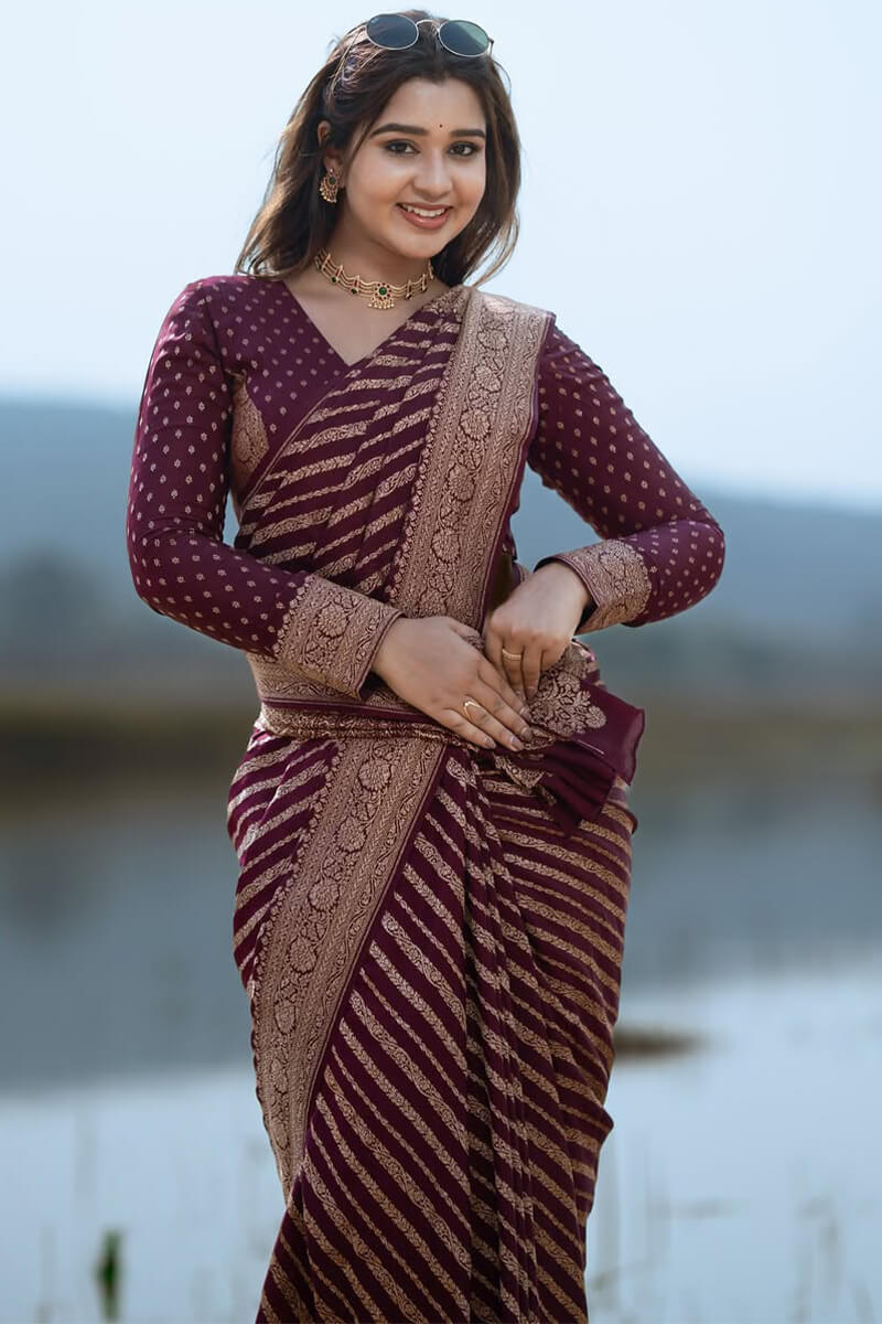 Exceptional Wine Soft Silk Saree With Cynosure Blouse Piece - Image 7