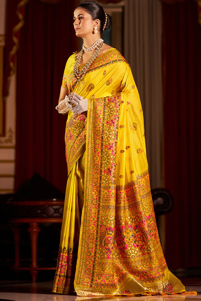 Exceptional Yellow Pashmina Saree With Pleasurable Blouse Piece - Image 3