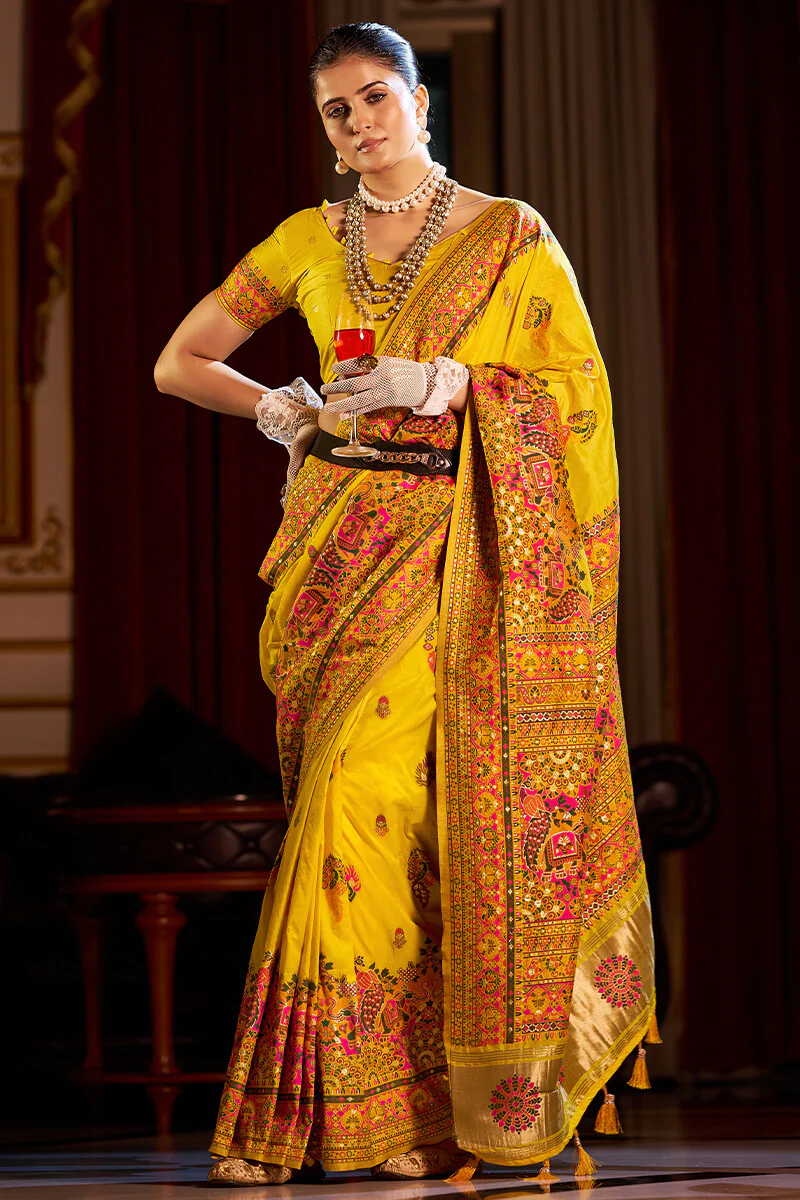 Exceptional Yellow Pashmina Saree With Pleasurable Blouse Piece - Image 4