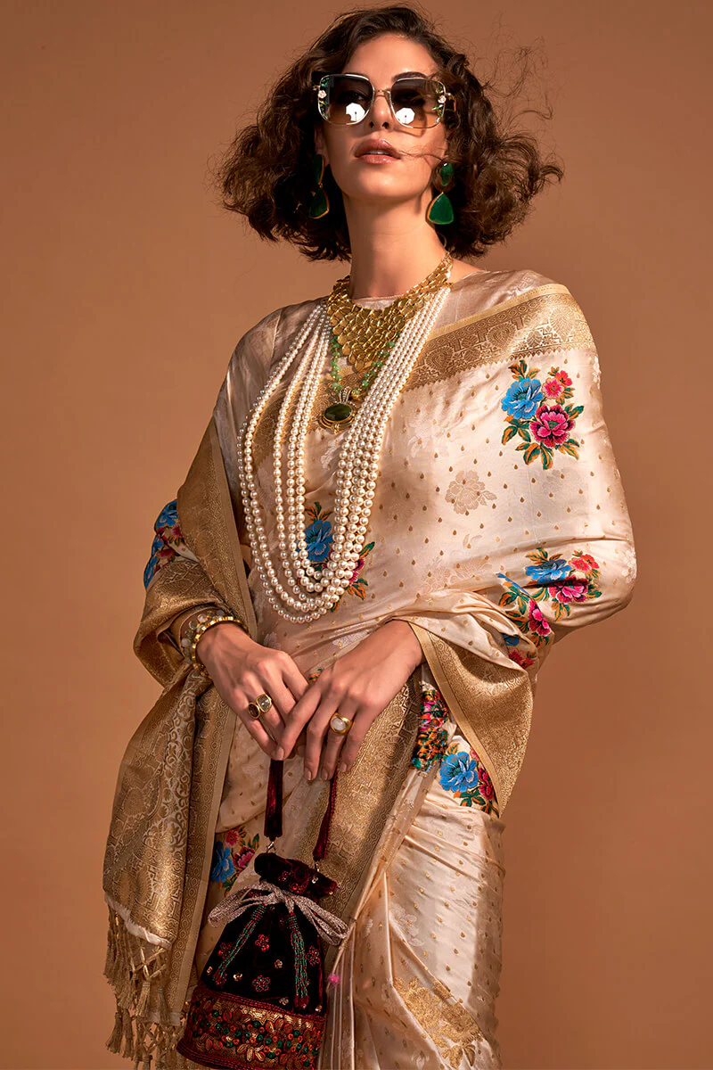 Exemplary Beige Banarasi Satin Silk Saree With Lustrous Blouse - Image 2