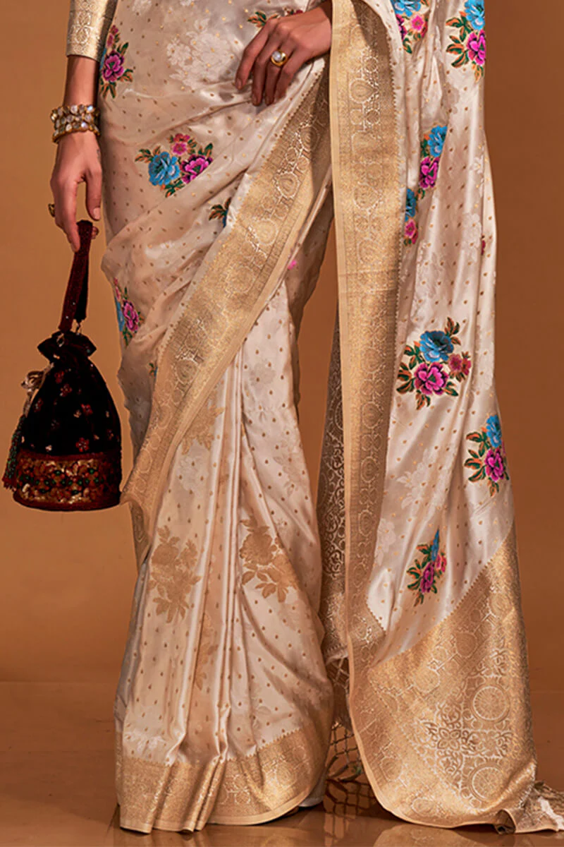 Exemplary Beige Banarasi Satin Silk Saree With Lustrous Blouse - Image 3