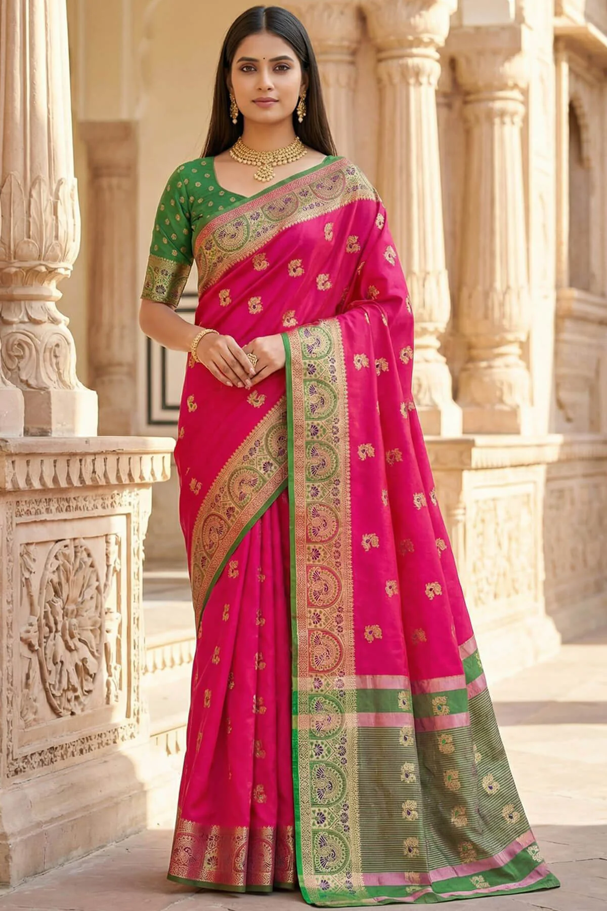 Exemplary Dark Pink Pure Zari Weaving Banarasi Silk Saree With Aplomb Blouse Piece