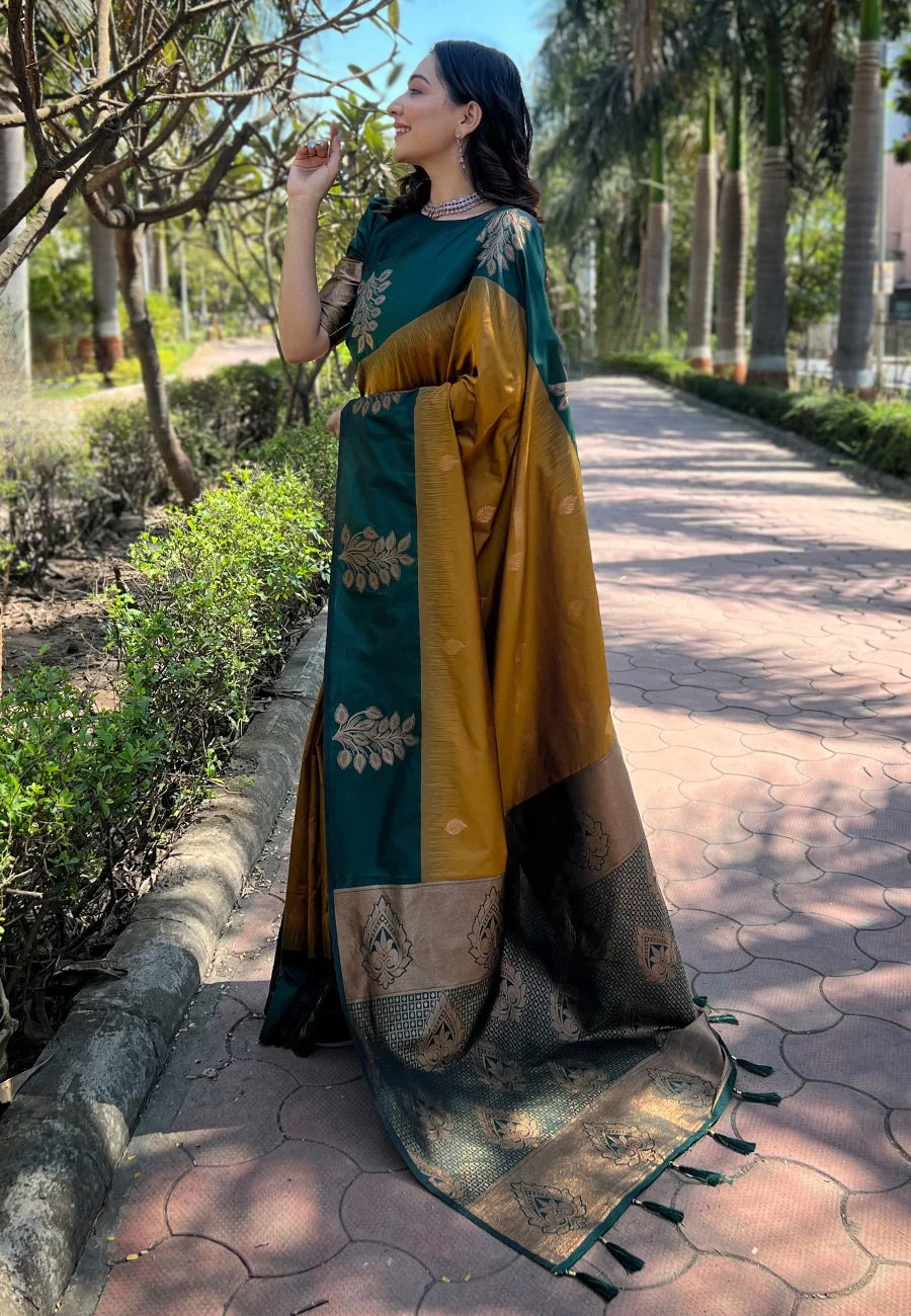 Exemplary Mustard Soft Silk Saree With Gratifying Blouse Piece - Image 3