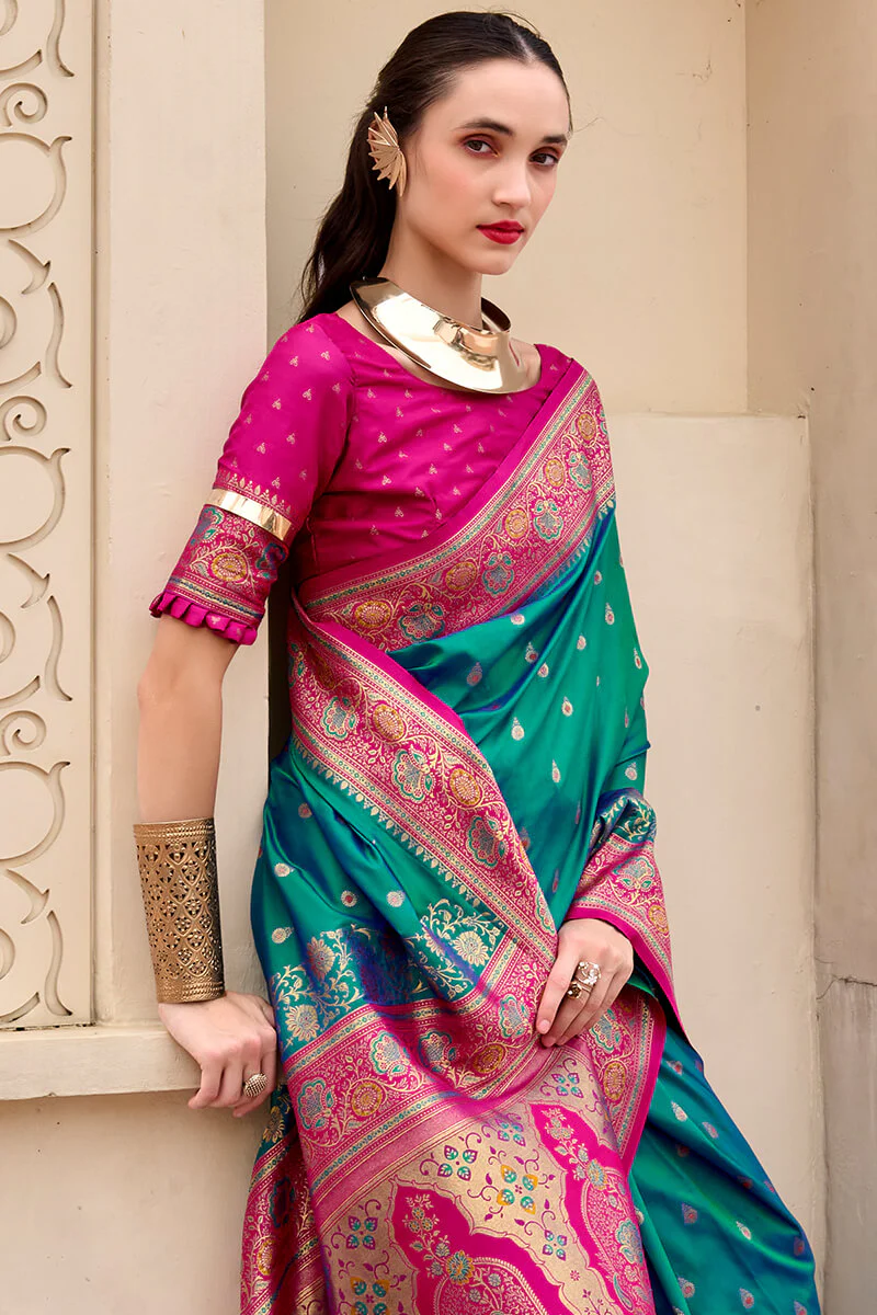 Exemplary Rama Soft Banarasi Silk Saree With Entrancing Blouse Piece - Image 2