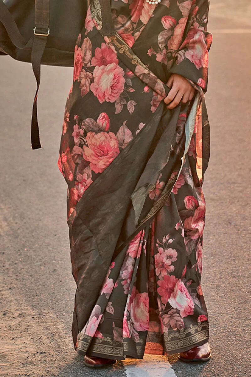 Exquisite Black Digital Printed Tussar Silk Saree With Groovy Blouse Piece - Image 4