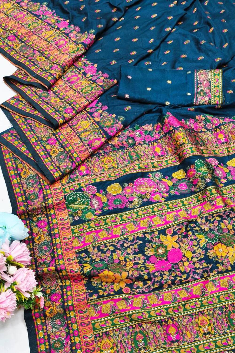 Exquisite Blue Nylon Dola Pashmina Saree With Lustrous Blouse Piece - Image 3