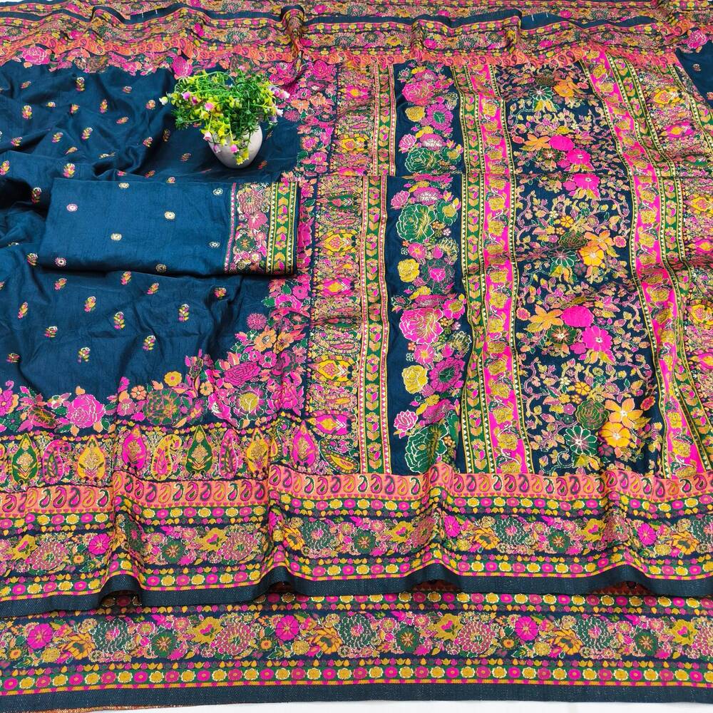 Exquisite Blue Nylon Dola Pashmina Saree With Lustrous Blouse Piece - Image 4