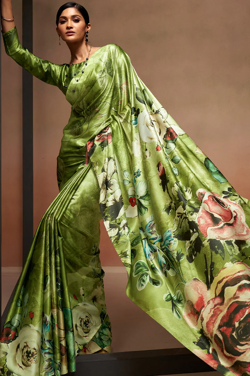 Exquisite Green Digital Printed Satin Silk Saree With Bucolic Blouse Piece - Image 3