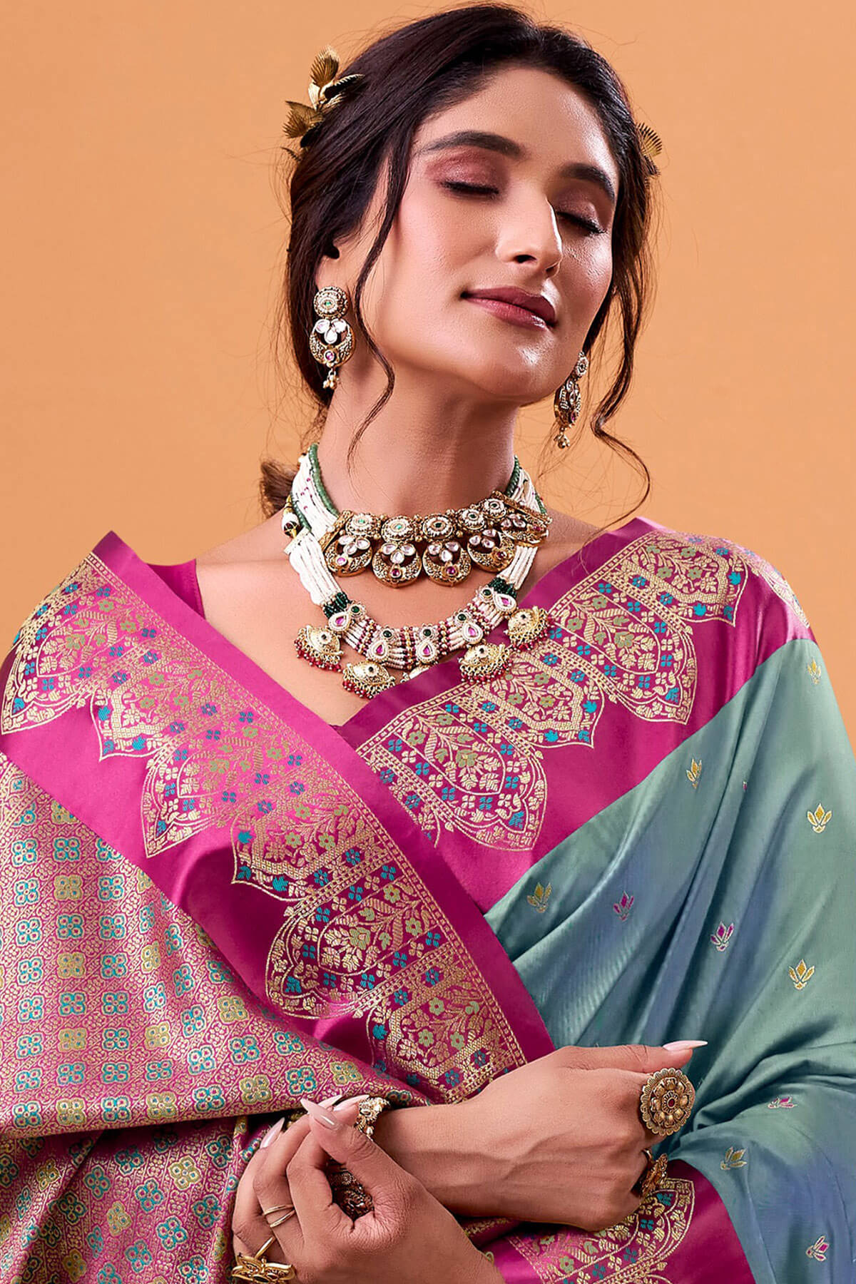 Exquisite Grey Banarasi Satin Silk Saree With Dalliance Blouse - Image 2