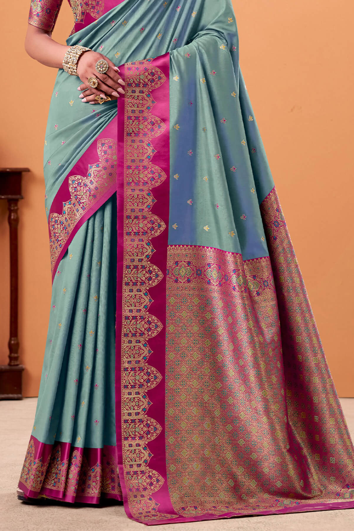 Exquisite Grey Banarasi Satin Silk Saree With Dalliance Blouse - Image 4