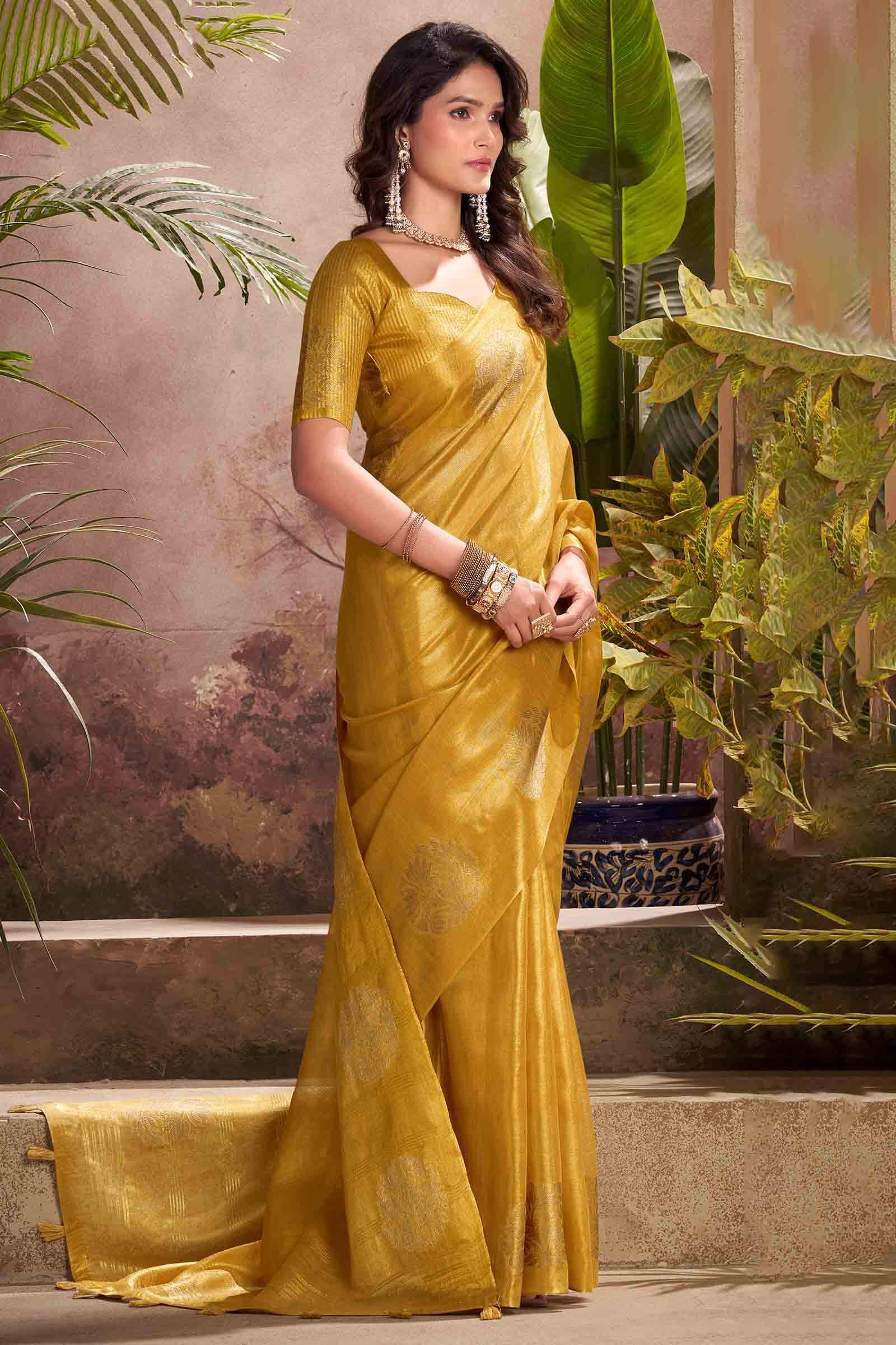 Exquisite Mustard Soft Banarasi Tissue Silk Saree With Panoply Blouse Piece - Image 3