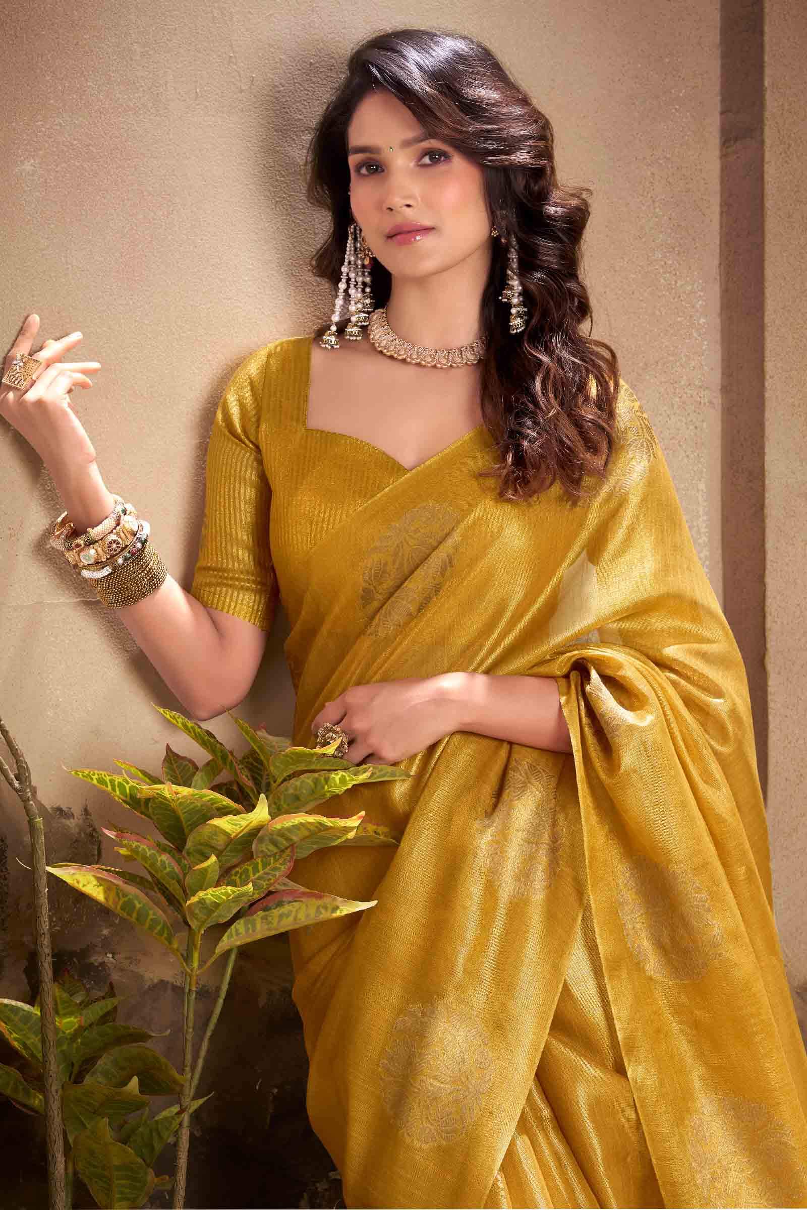 Exquisite Mustard Soft Banarasi Tissue Silk Saree With Panoply Blouse Piece - Image 4