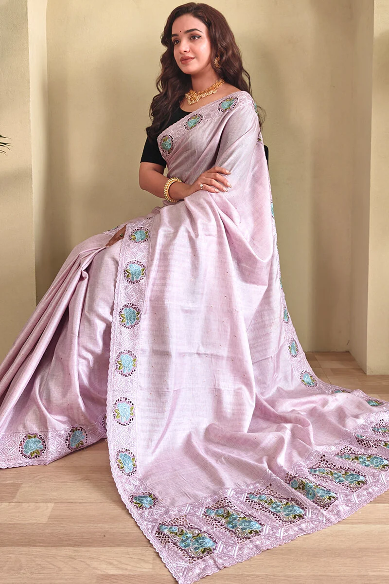 Exquisite Pink Embroidery Work Tussar Silk Saree With Profuse Blouse Piece - Image 4