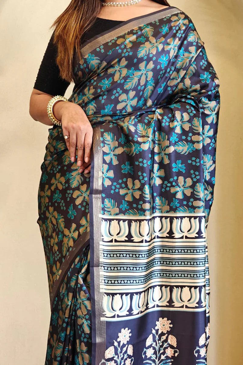 Exquisite Rama Viscose Dola Silk Printed Saree With Traditional Blouse Piece - Image 2