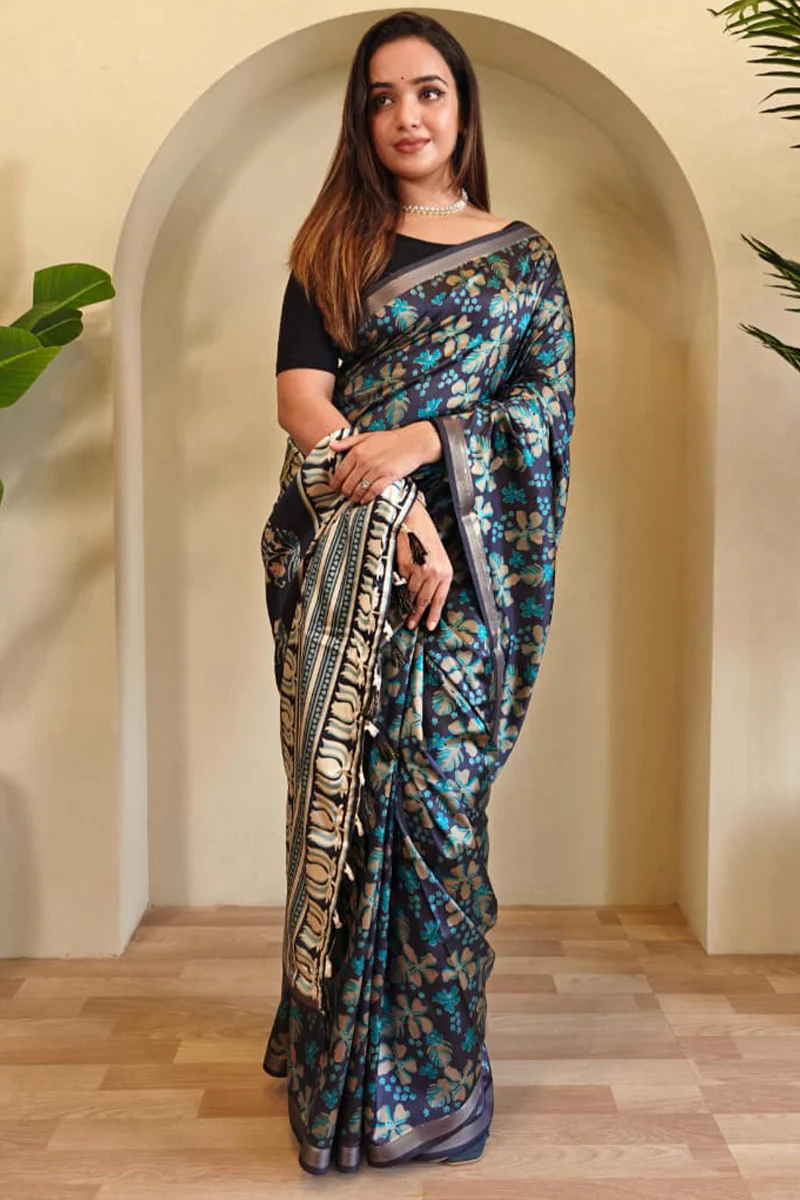 Exquisite Rama Viscose Dola Silk Printed Saree With Traditional Blouse Piece - Image 3