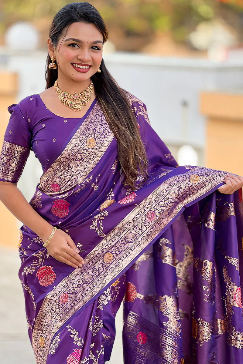 Exquisite Royal Purple Soft Banarasi Silk Saree With Splendorous Blouse Piece - Image 2