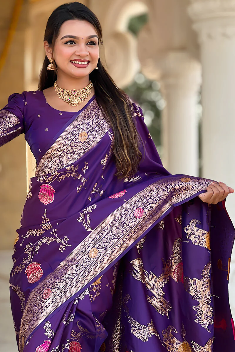 Exquisite Royal Purple Soft Banarasi Silk Saree With Splendorous Blouse Piece - Image 5