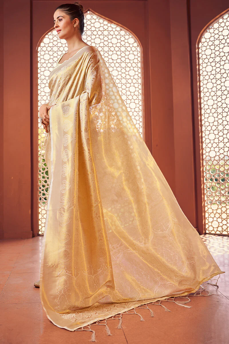 Extraordinary Beige Kanjivaram Silk Saree With Girlish Blouse Piece - Image 5