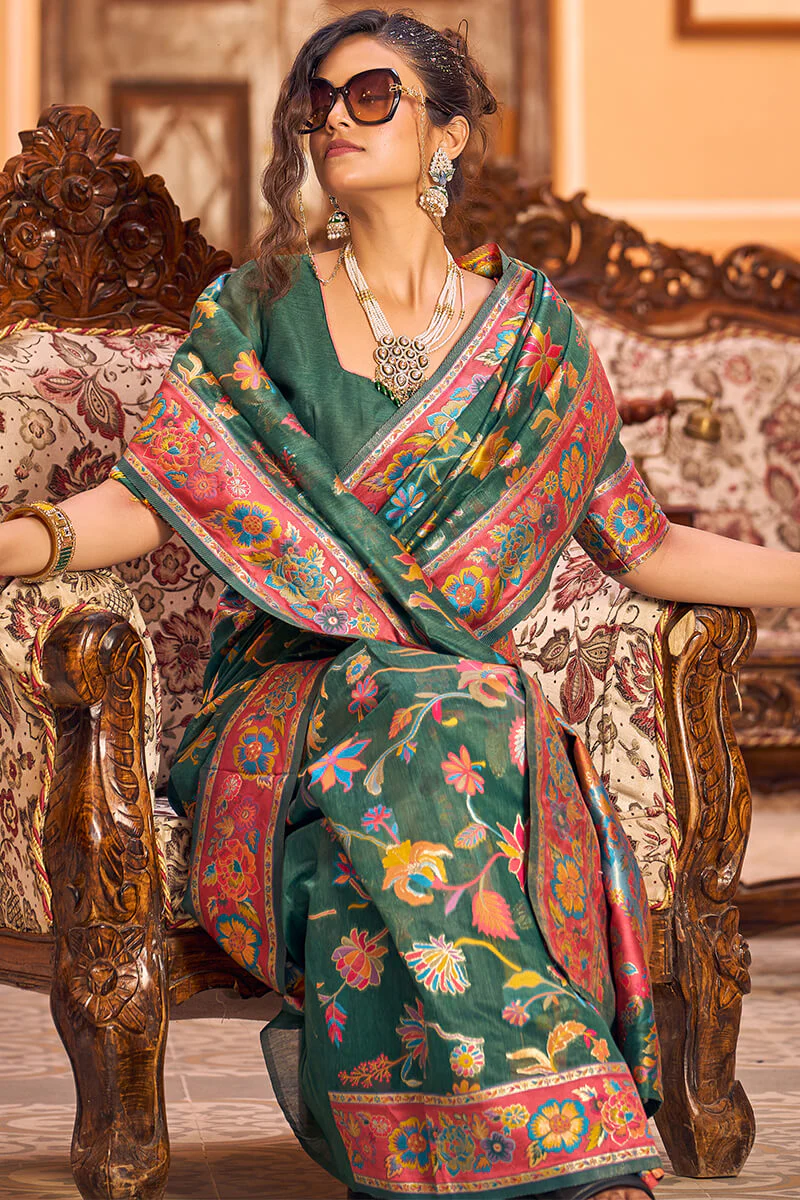 Extraordinary Dark Green Linen Silk Saree With Ethnic Blouse Piece - Image 5