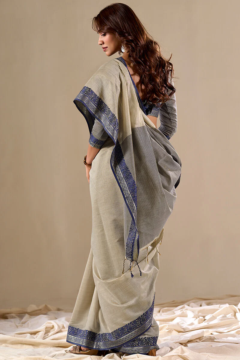 Extraordinary Grey Cotton Silk Saree With Lovely Blouse Piece - Image 3