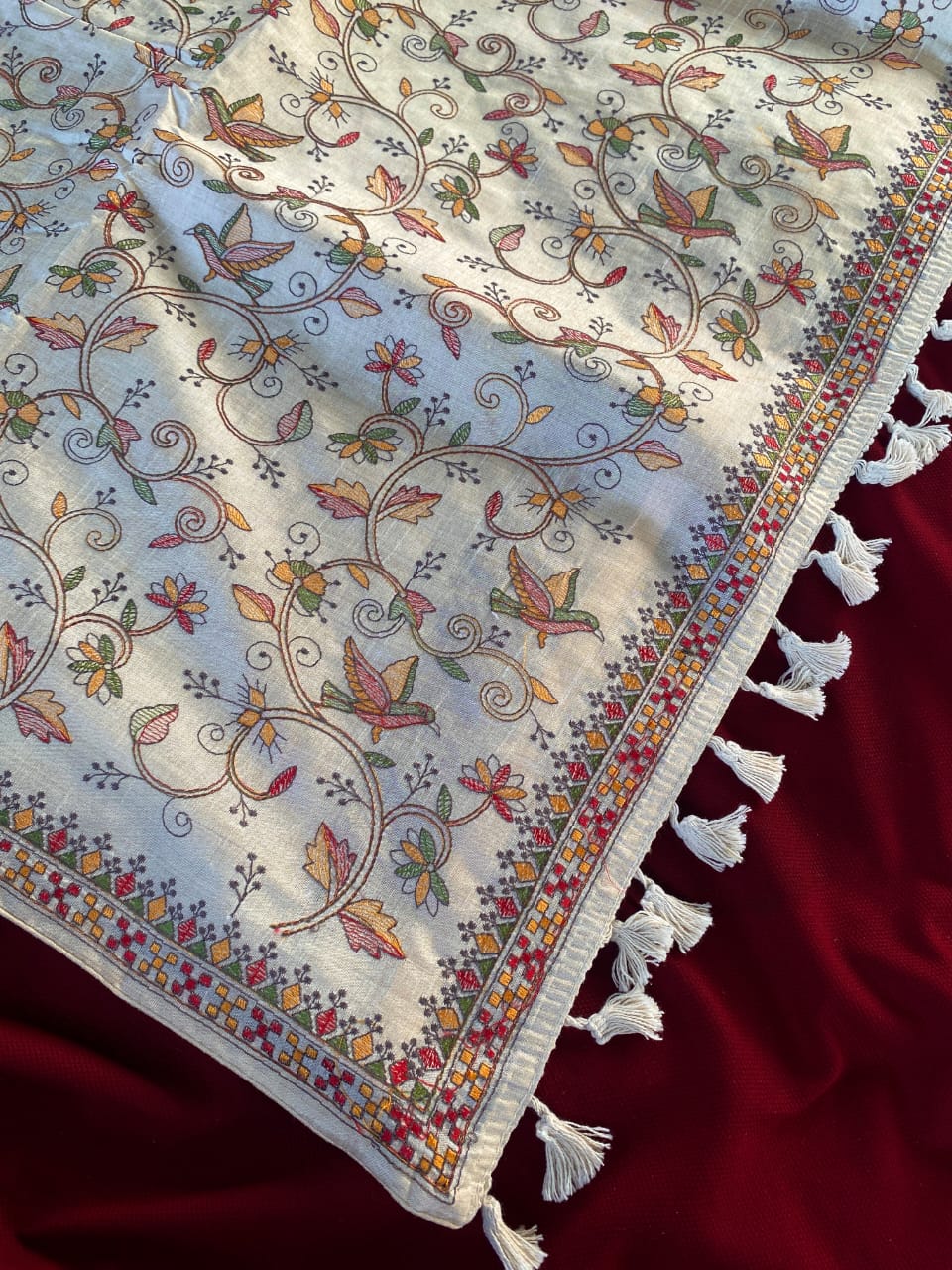 Extraordinary Off White Embroidery Work Tussar Silk Saree With Supernal Blouse Piece - Image 4