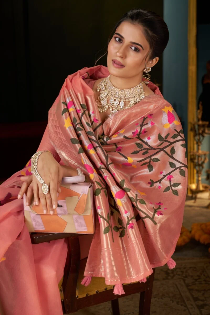 Extraordinary Peach Cotton Silk Saree With Glittering Blouse Piece - Image 2