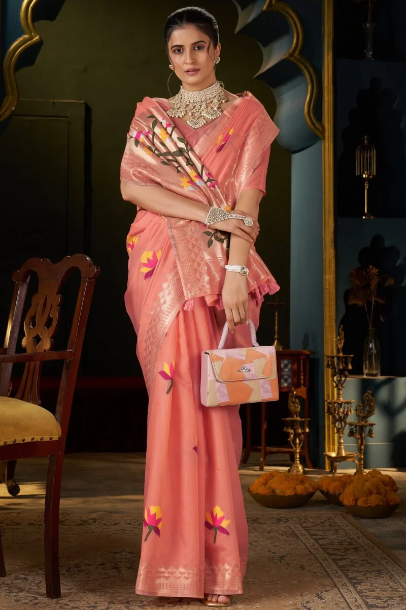 Extraordinary Peach Cotton Silk Saree With Glittering Blouse Piece - Image 5