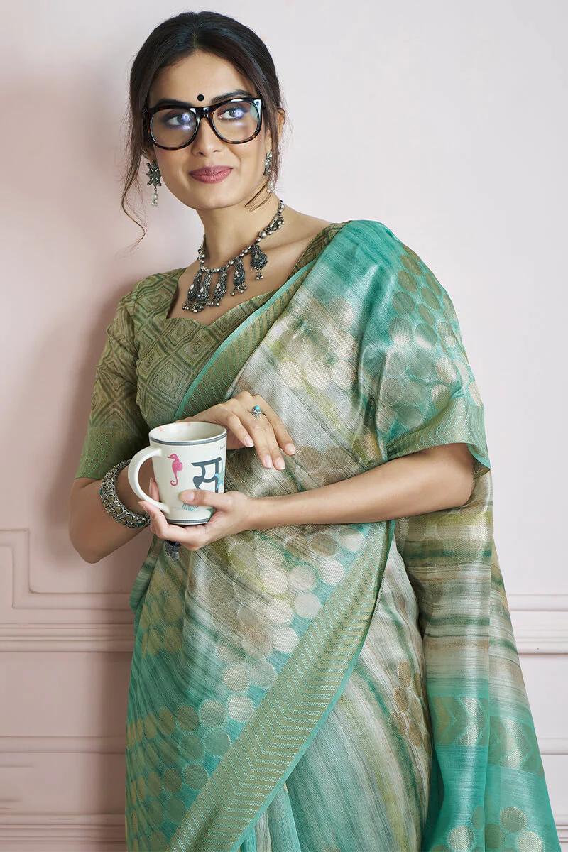 Extraordinary Sea Green Digital Printed Khadi Silk Saree With Impressive Blouse Piece - Image 2