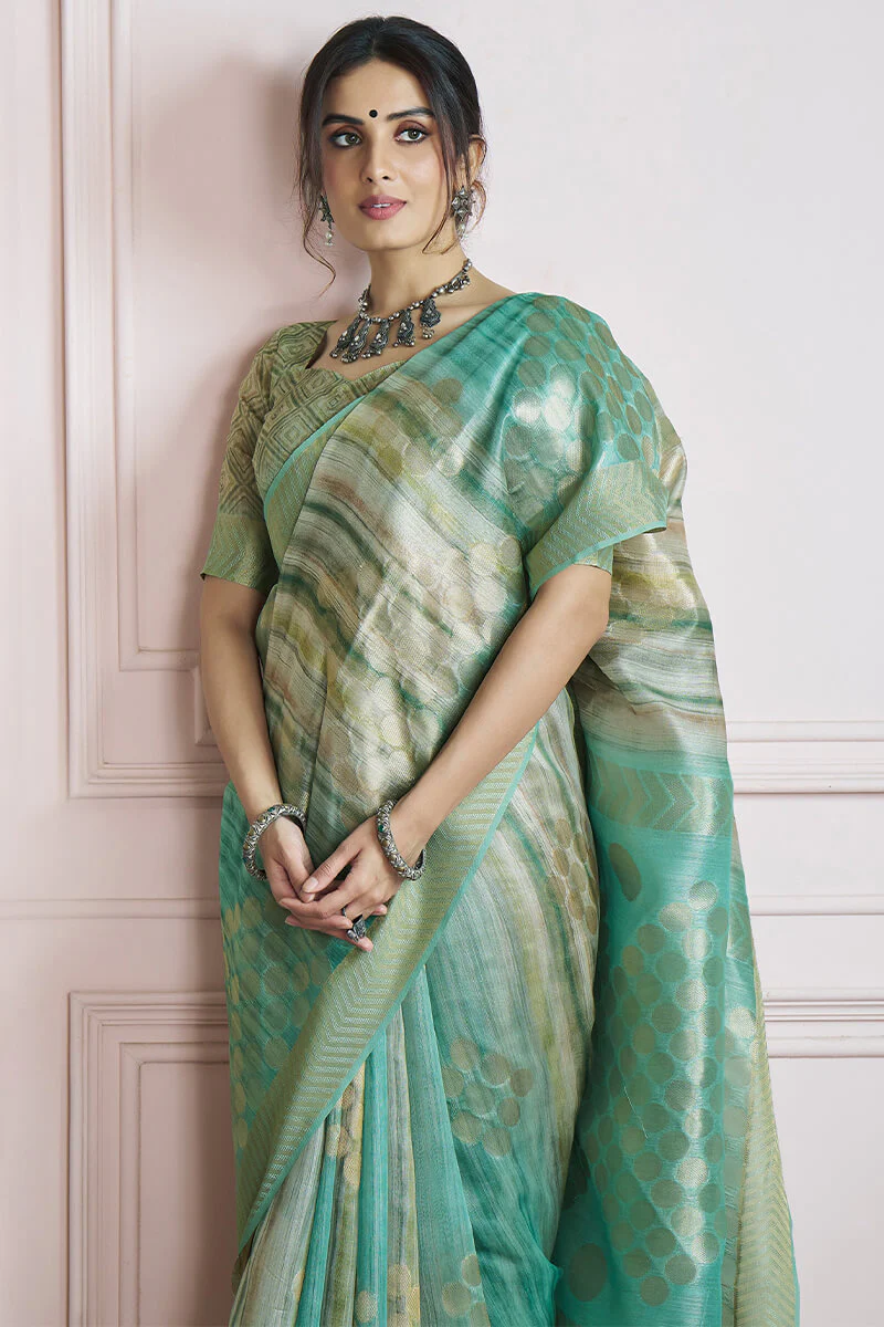 Extraordinary Sea Green Digital Printed Khadi Silk Saree With Impressive Blouse Piece - Image 4