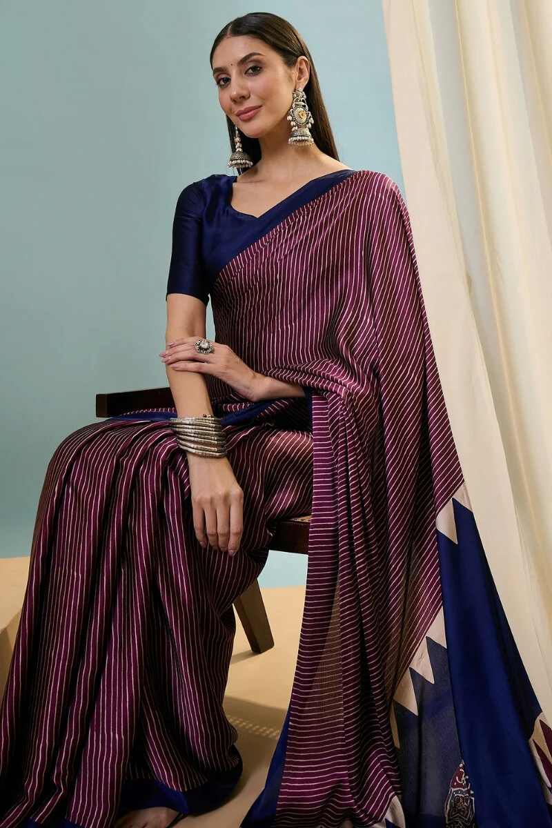 Extraordinary Wine Ajrakh Printed Semi Modal Silk Saree With Gorgeous Blouse Piece - Image 4