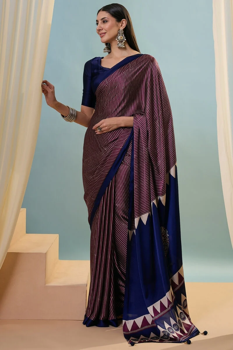 Extraordinary Wine Ajrakh Printed Semi Modal Silk Saree With Gorgeous Blouse Piece - Image 5