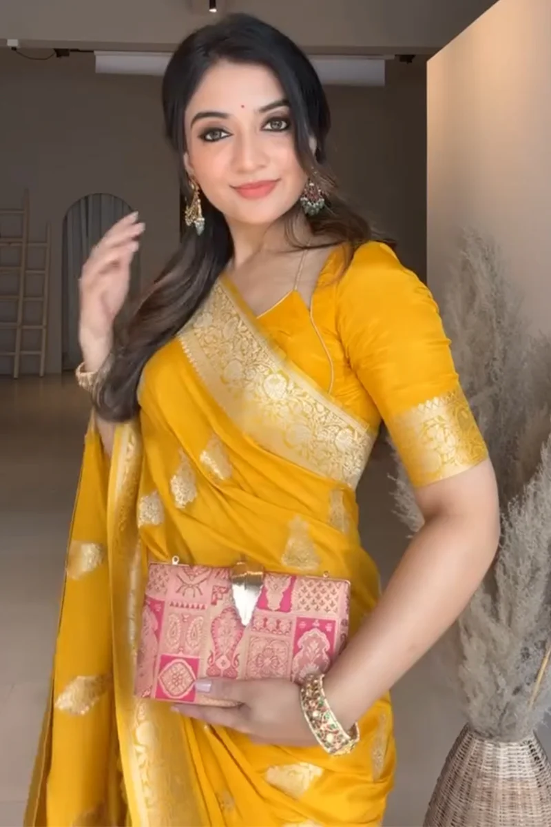 Extraordinary Yellow Soft Silk Saree With Glowing Blouse Piece - Image 5