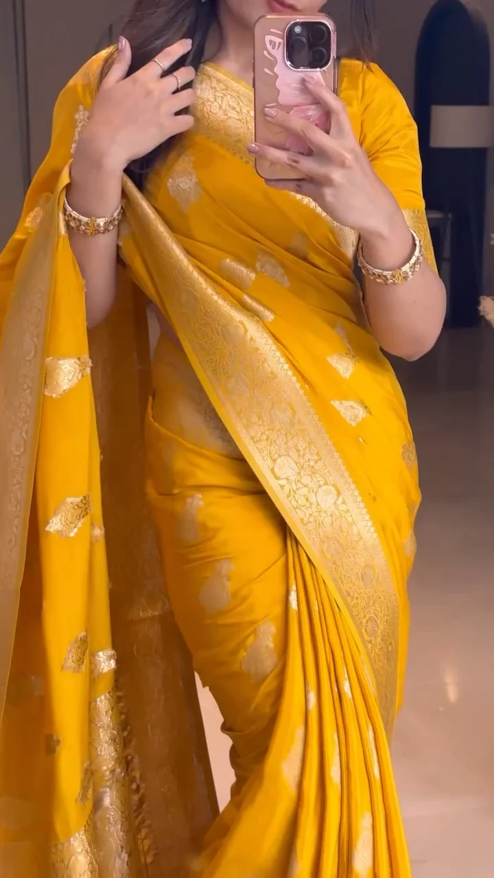 Extraordinary Yellow Soft Silk Saree With Glowing Blouse Piece - Image 6