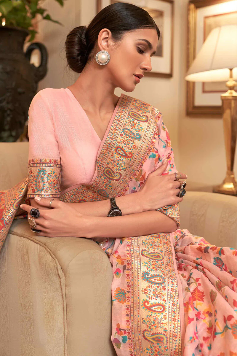 Exuberant Baby Pink Pashmina saree With Ratatouille Blouse Piece - Image 2