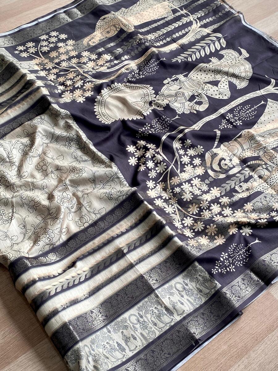 Exuberant Black and White Digital Printed Dola Silk Saree With Surpassing Blouse Piece - Image 2