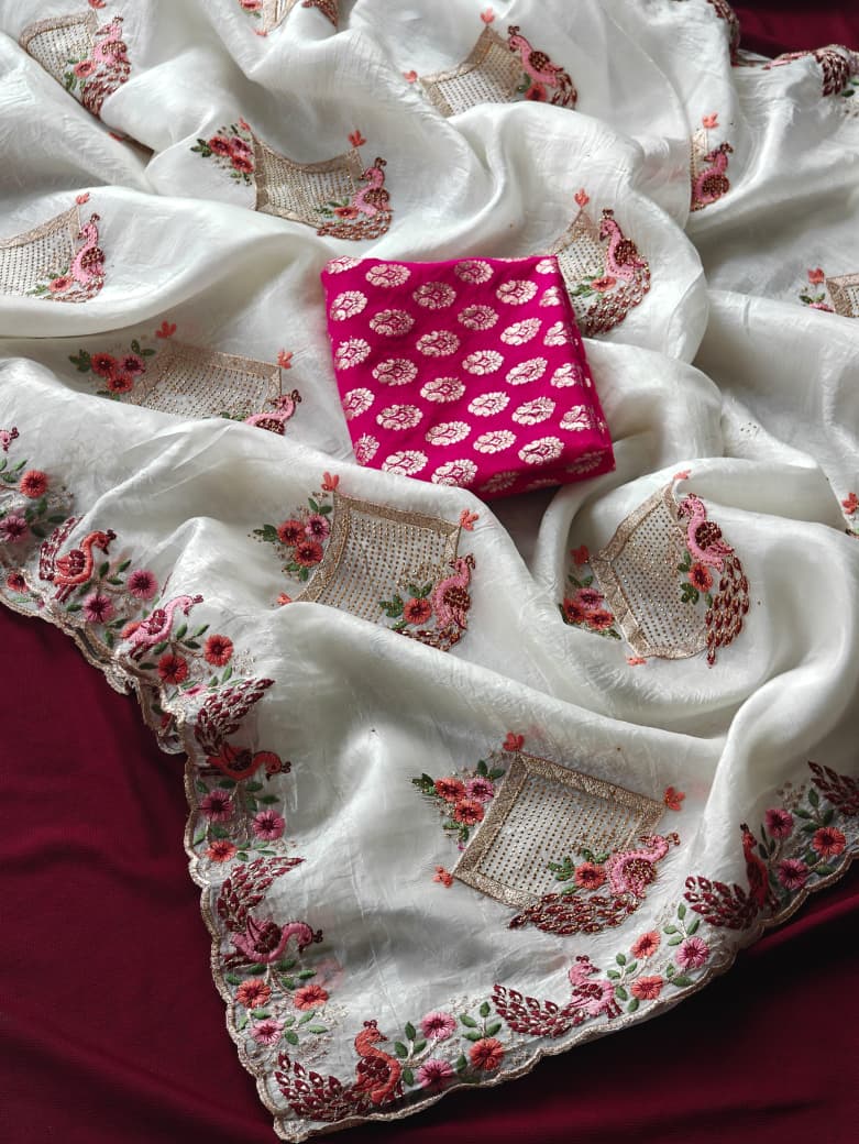 Eye-catching Off White Embroidery Work Crush Silk Saree With Pleasurable Blouse Piece - Image 2