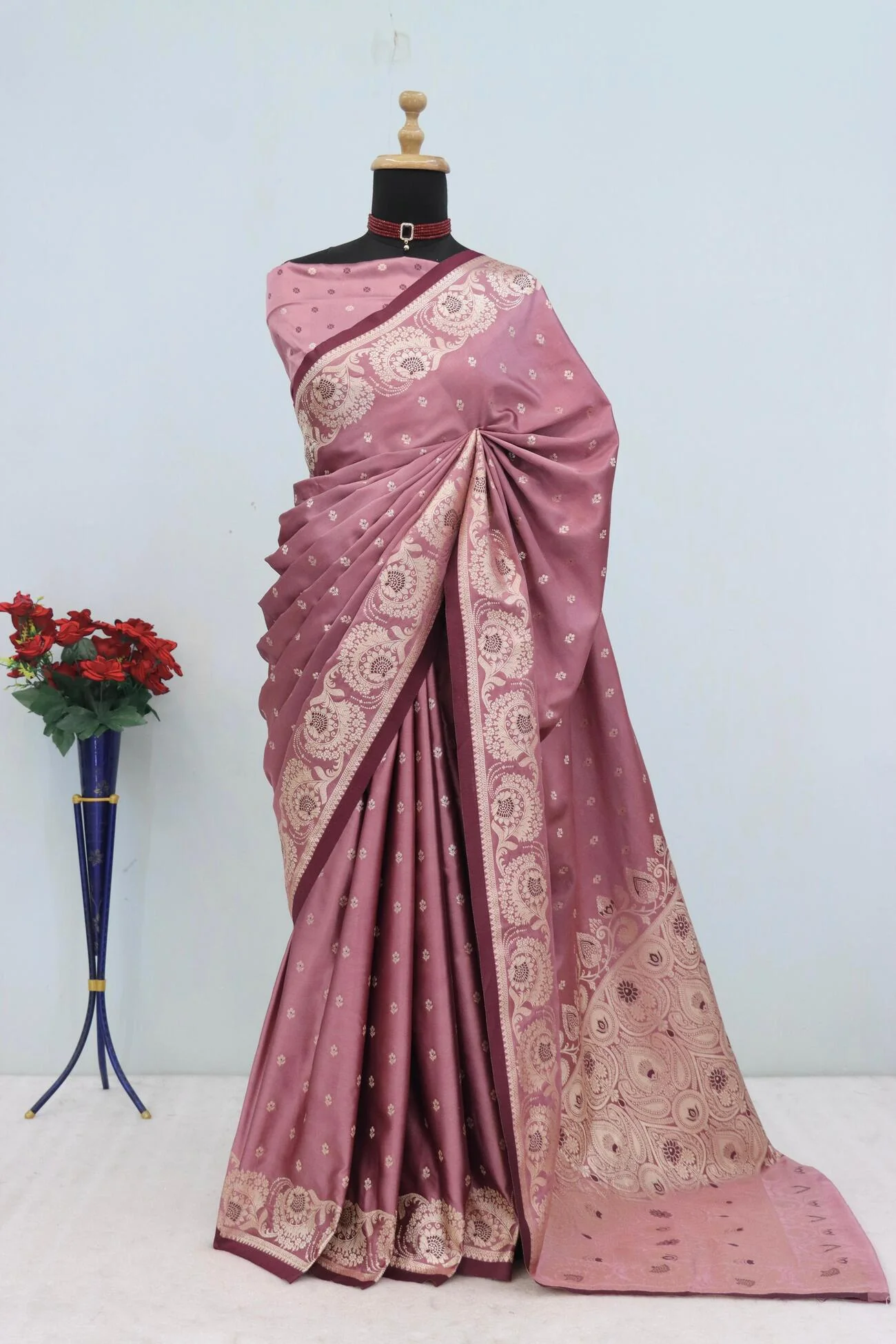 Eye-catching Pink Banarasi Satin Silk Saree With Innovative Blouse