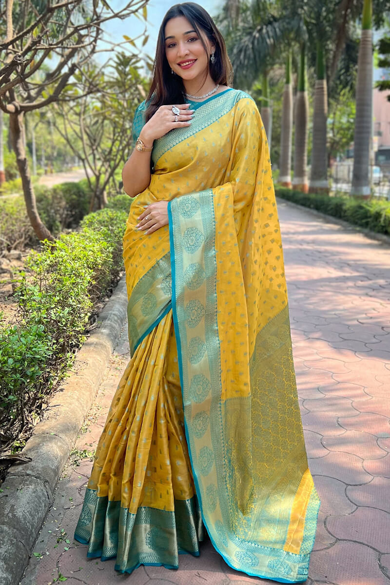 Eye-catching Yellow Soft Banarasi Tissue Silk Saree With Cynosure Blouse Piece - Image 3