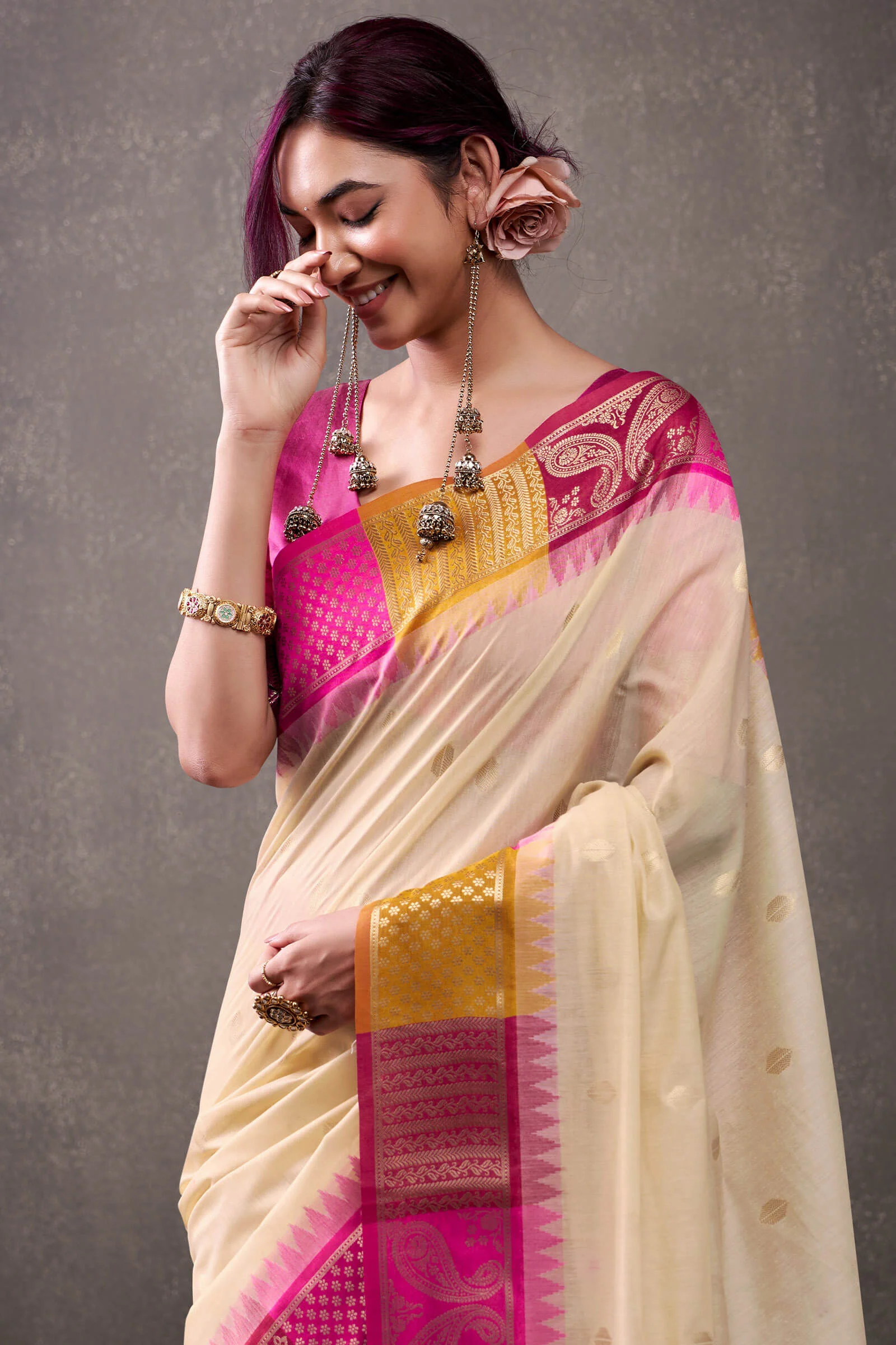 Fairytale Beige And Dark Pink Cotton Silk Saree With Marvellous Blouse Piece - Image 2