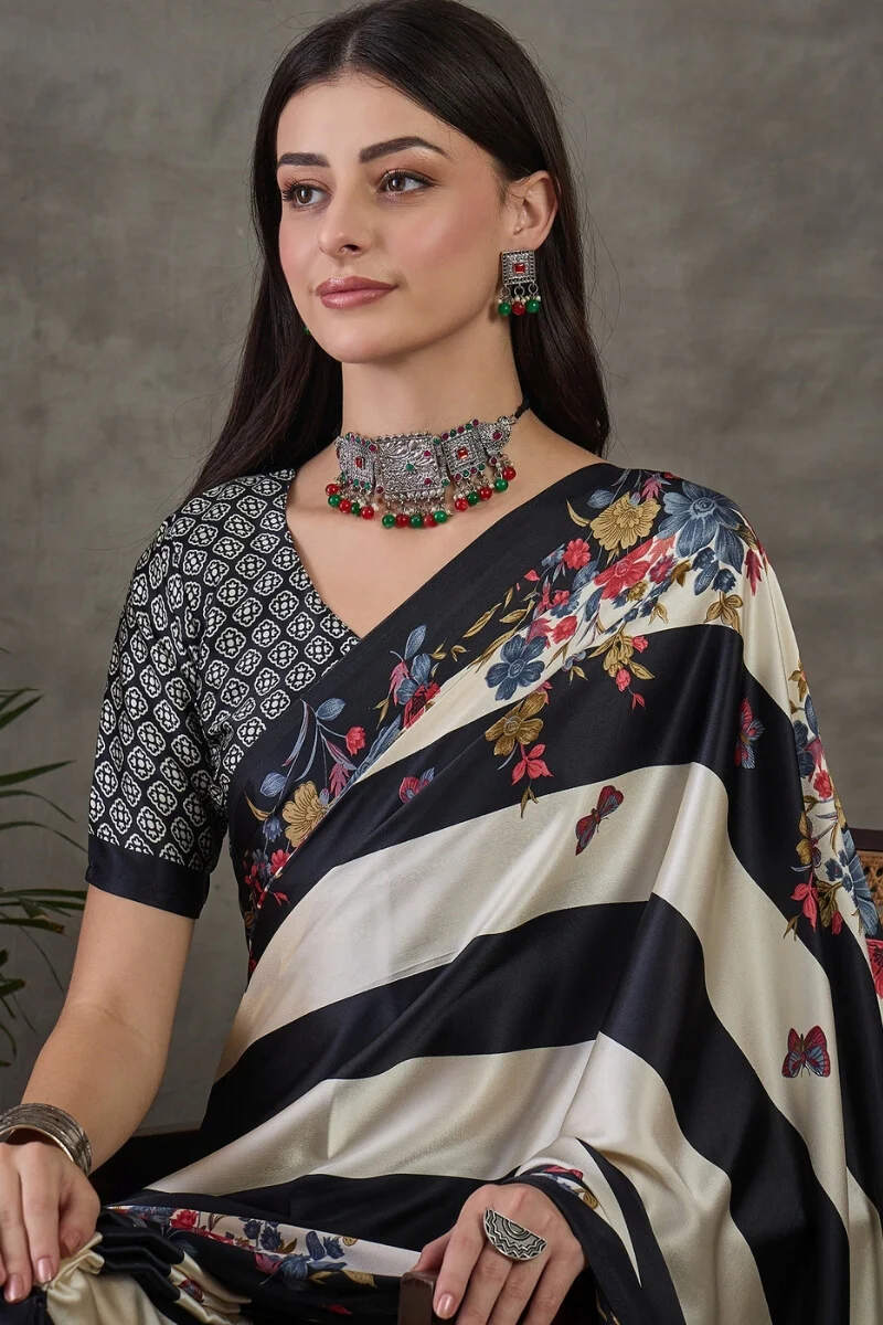 Fairytale Black Ajrakh Printed Semi Modal Silk Saree With Embrocation Blouse Piece - Image 2
