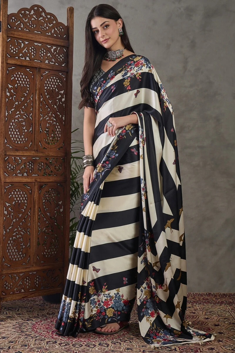 Fairytale Black Ajrakh Printed Semi Modal Silk Saree With Embrocation Blouse Piece - Image 3