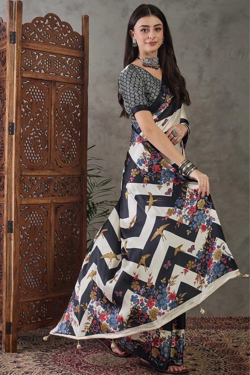 Fairytale Black Ajrakh Printed Semi Modal Silk Saree With Embrocation Blouse Piece - Image 5