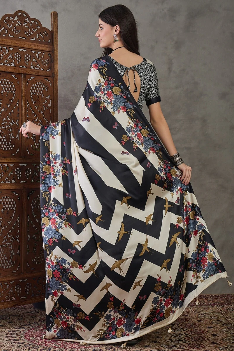Fairytale Black Ajrakh Printed Semi Modal Silk Saree With Embrocation Blouse Piece - Image 7