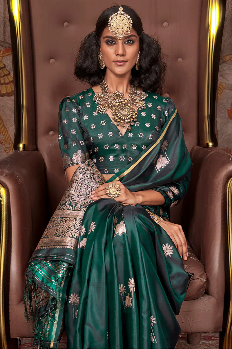 Fairytale Dark Green Banarasi Satin Silk Saree With Angelic Blouse - Image 2