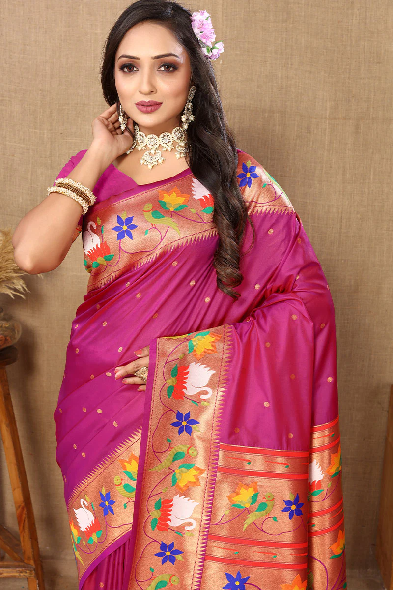 Fairytale Dark Pink Paithani Silk Saree With Beauteous Blouse Piece - Image 2