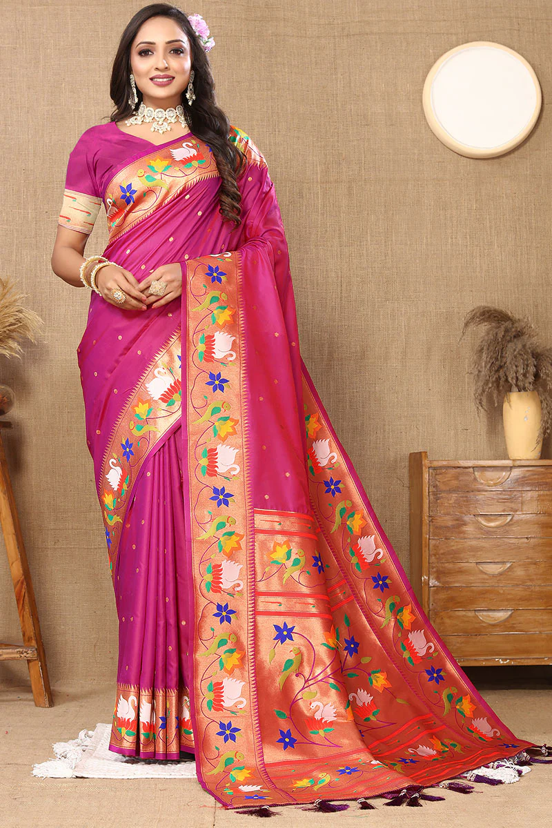 Fairytale Dark Pink Paithani Silk Saree With Beauteous Blouse Piece - Image 3