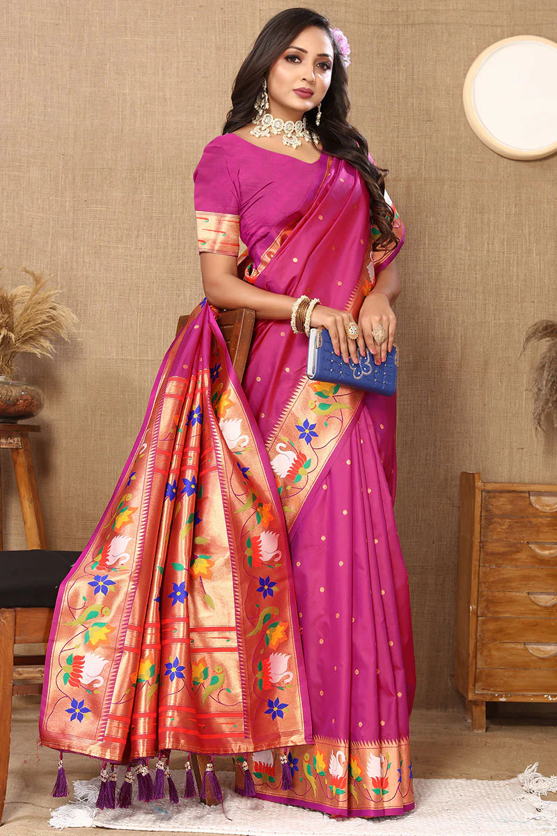 Fairytale Dark Pink Paithani Silk Saree With Beauteous Blouse Piece - Image 4