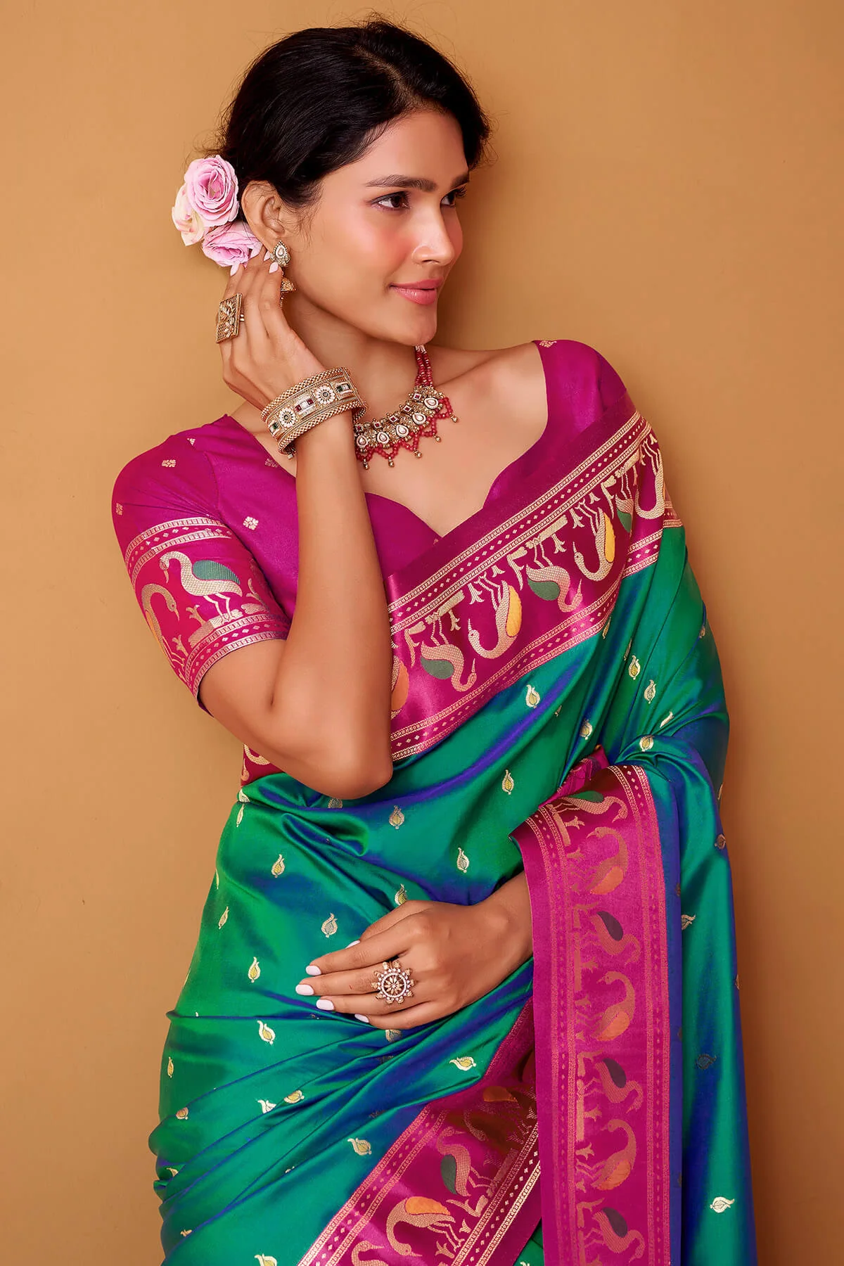 Fairytale Green Banarasi Satin Silk Saree With Ineffable Blouse - Image 2