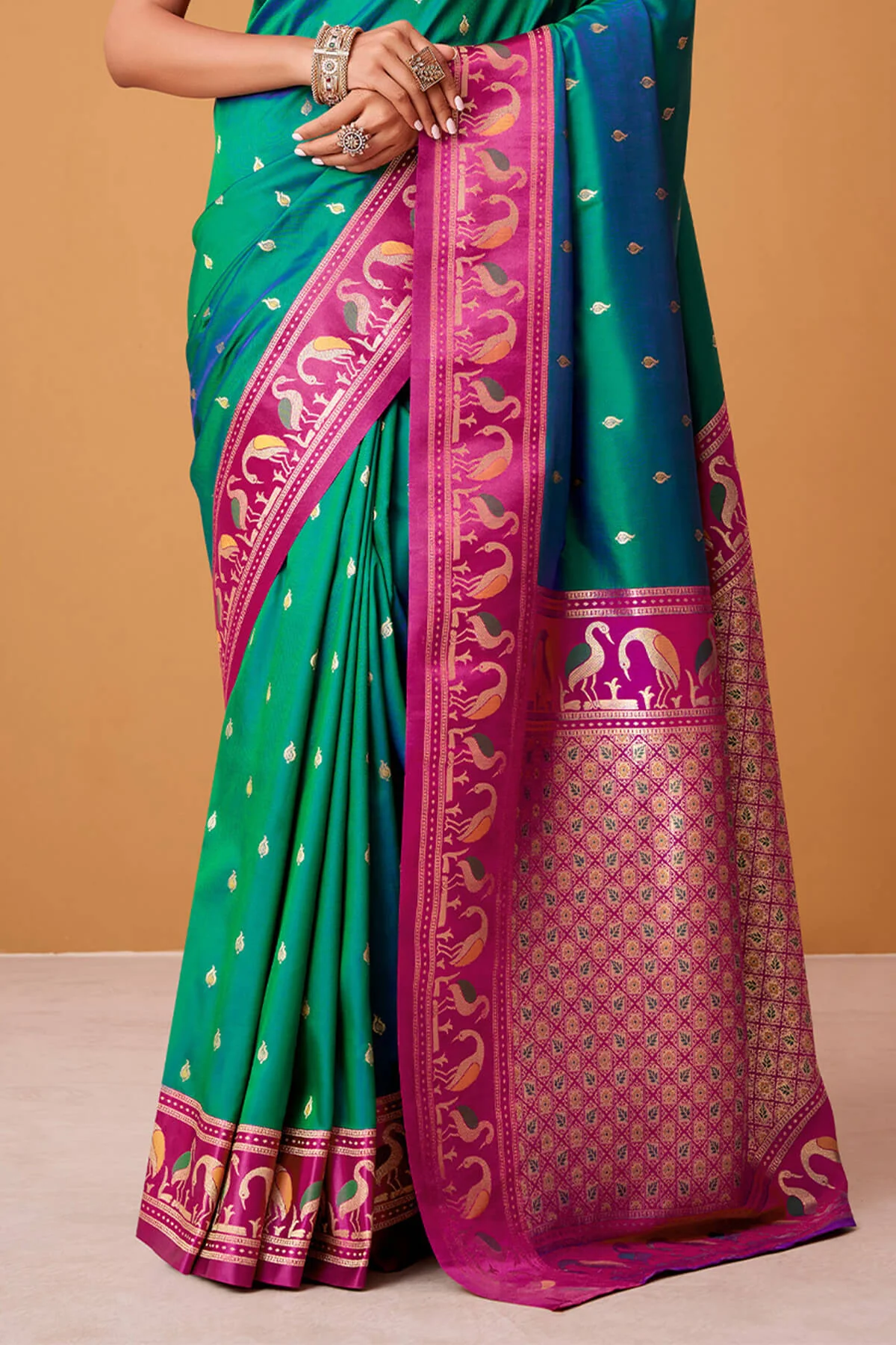 Fairytale Green Banarasi Satin Silk Saree With Ineffable Blouse - Image 3